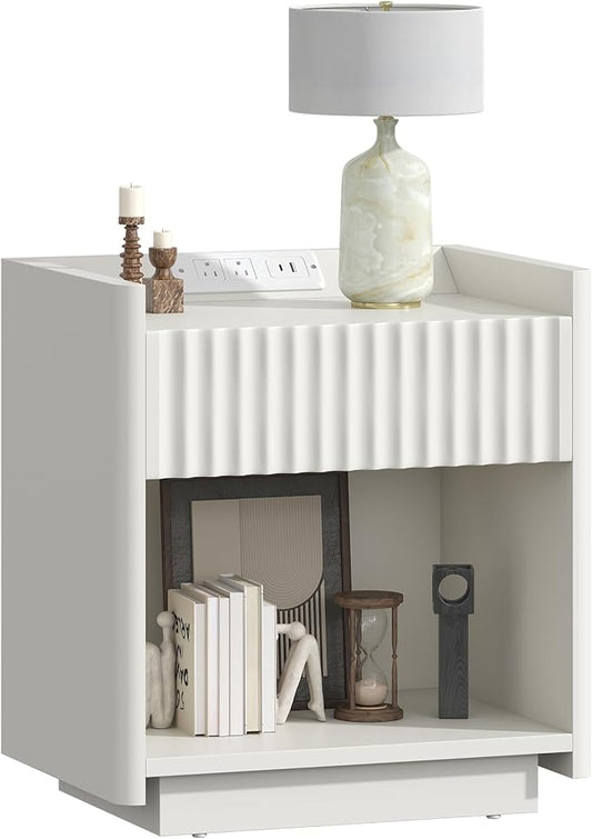 Bigbiglife Fluted Nightstand with Charging Station, 22" Modern Side Table with Drawer End Table with Open Storage, Bedside Table for Bedroom, Living Room, Natural Oak (1, Off White)