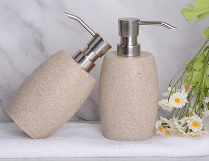 Clasin Home Sandstone Textured Resin Soap Dispenser with Metallic Pump and Waterproof Bottle Labels for Bathroom Kitchen Dish Hand Wash Shower Lotion Shampoo, 12 Oz, 2 Sets Beige