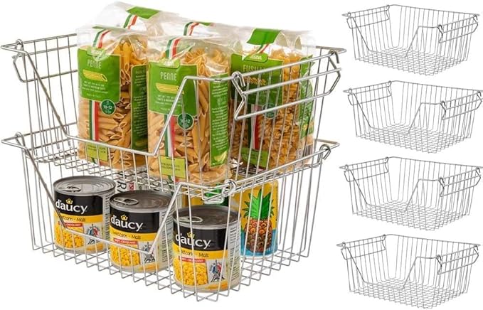 Stackable Wire Metal Baskets Sturdy Cabinet Organizer Wire Pantry Freezer Bin with Handle for Home Bathroom Kitchen Fruit Vegetable Organization, Chrome, 3Packs