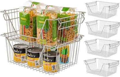 Stackable Wire Metal Baskets Sturdy Cabinet Organizer Wire Pantry Freezer Bin with Handle for Home Bathroom Kitchen Fruit Vegetable Organization, Chrome, 3Packs