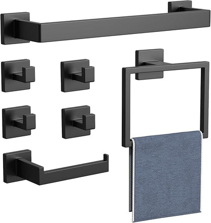 7-Pieces Matte Black Bathroom Hardware Accessories Set, SUS304 Stainless Steel, 16 Inch Bath Towel Bar Set, Towel Holder, Towel Racks for Bathroom Wall Mounted