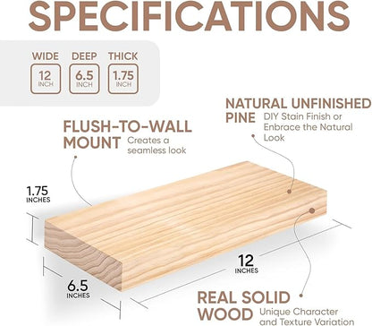 Homeforia Wood Floating Shelf 12 inch, High End Solid Natural Wood 12inch Floating Shelves for Wall Mounted, Unfinished Small Wooden Floating Shelves, Heavy Duty Bracket, 12 X 6.5 X 1.75 in, Set of 2