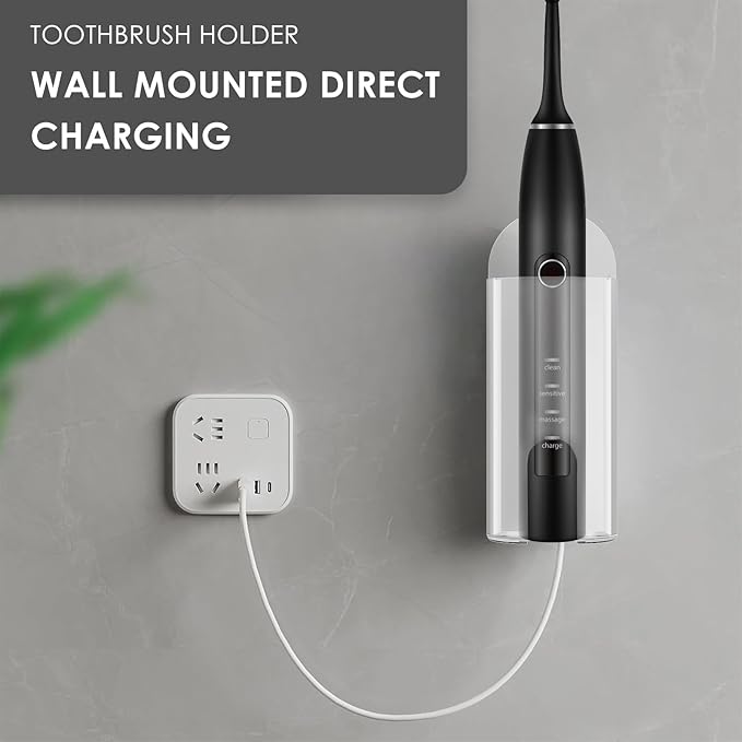 DODAMOUR 2 Pack Electric Toothbrush Holder Wall Mounted, Plastic Tooth Brush Holder with Charge Port, Self Adhesive Toothbrush Organizer for Bathroom (Clear)
