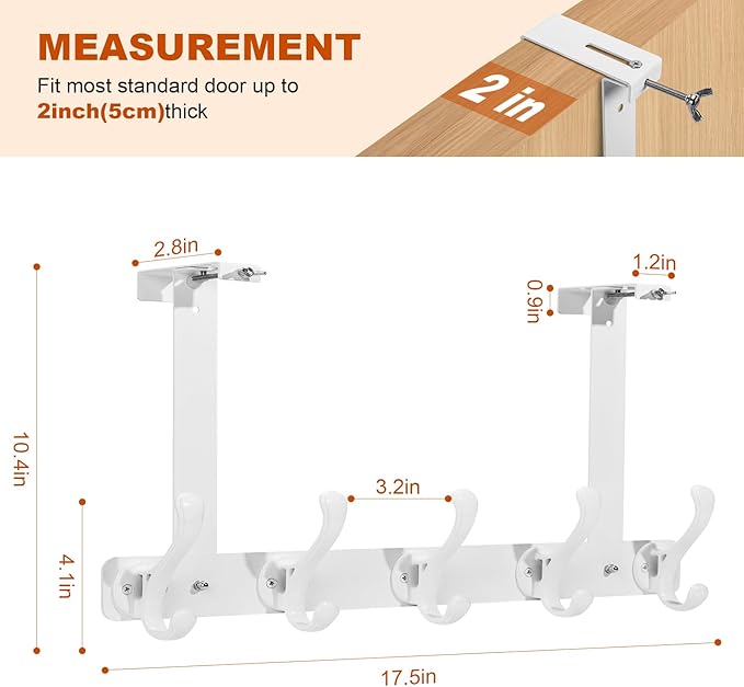 persevere Over The Door Hooks with Auto-Locking Design, Rustproof Multi-Functional Coat Rack, Bathroom Towel Holder, Space-Saving Door Hanging Organizer with 5 Hooks for Clothes and Towels (White)