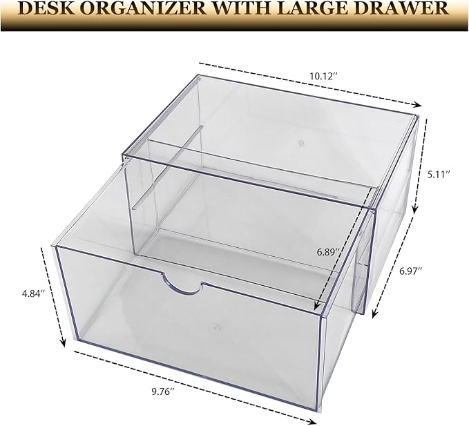 NINEWEEN Clear Desk Organizers and Accessories, 2 Pack Plastic Drawer Organizer for Office Supplies, Marker Pen, Art Crafts, Stationery, Coffee Pods, Stackable Home Storage (2 Drawers)