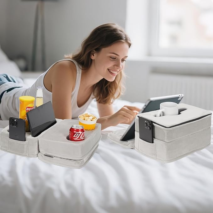 Couch Cup Holder Tray Pillow, Large Sofa Organizer Caddy with 6 Holes and Side Pocket Bed Refreshment Tray for iPad, Drinks, Remotes, Phones, Snacks, Removable & Washable (Silver)