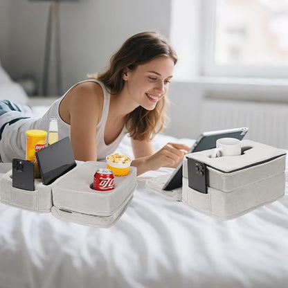 Couch Cup Holder Tray Pillow, Large Sofa Organizer Caddy with 6 Holes and Side Pocket Bed Refreshment Tray for iPad, Drinks, Remotes, Phones, Snacks, Removable & Washable (Silver)