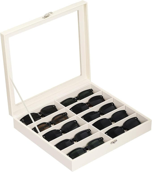 AUTOARK Large Top Glass Lid Sunglasses Organizer Case,10-Slot PU Leather Lockable Storage Box for Eyeglasses,Watch,Jewelry,Gift for Home,Beige,MKAW-113