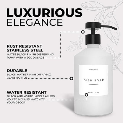 Luxury Glass Soap Dispenser Set of 2 - Elegant Aesthetic White Glass Bottles with Modern Matte Black Stainless Steel Pumps, Ideal for Kitchen, Bathroom, Hand Soap, Dish Soap, and More.