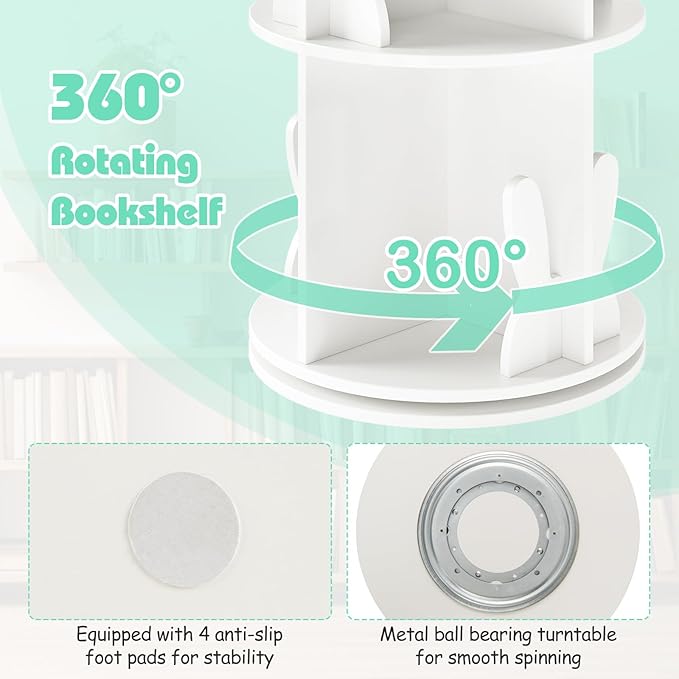 Costzon Kids Rotating Bookshelf, 2 Tier Small Book Shelf with Bookends, 360° Display Spinning Bookshelf Tower, Corner Bookshelf for Small Space, Kids Room, Bedroom, Nursery (White)