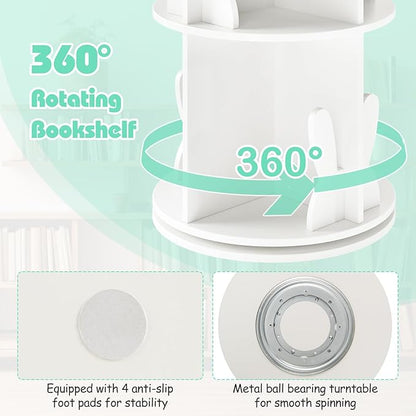 Costzon Kids Rotating Bookshelf, 2 Tier Small Book Shelf with Bookends, 360° Display Spinning Bookshelf Tower, Corner Bookshelf for Small Space, Kids Room, Bedroom, Nursery (White)