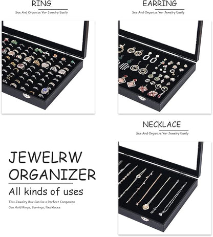 Ring Holder Organizer Box, Jewelry Display Case, Earring Necklace Storage Tray With Top Glass Lid (Black, 100 Slots)