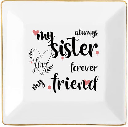 Tijeyi Sisters Gifts from Sister in Law Happy Birthday Gift for Women Funny Big Brother Little Ceramic Small Jewelry Dish Unique Trinket Tray Best Ring Plates Always My Sister, Forever My Friend
