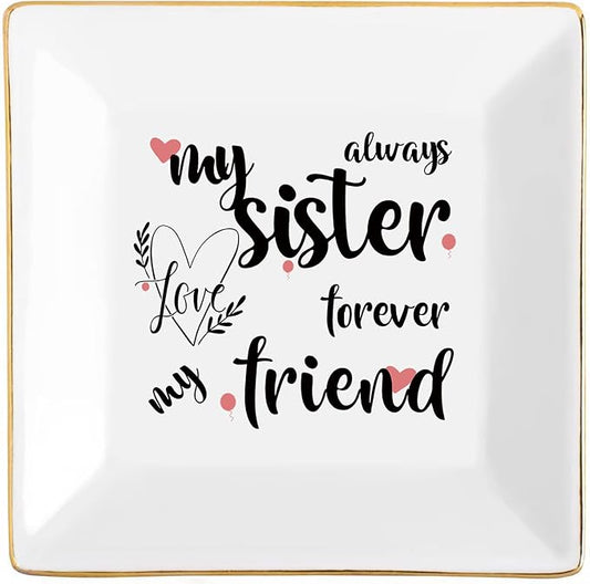 Tijeyi Sisters Gifts from Sister in Law Happy Birthday Gift for Women Funny Big Brother Little Ceramic Small Jewelry Dish Unique Trinket Tray Best Ring Plates Always My Sister, Forever My Friend