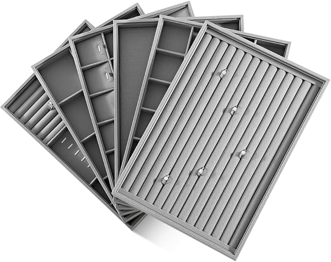 Dansmiy Linen 24 Grid Stackable Rings Earrings Display Tray, Brooch Ear Stud Cufflinks StorageTray, Jeweler Shop Counter Showcase Table Top Organizers, Makeup Table Drawer Insert Jewelry Tray