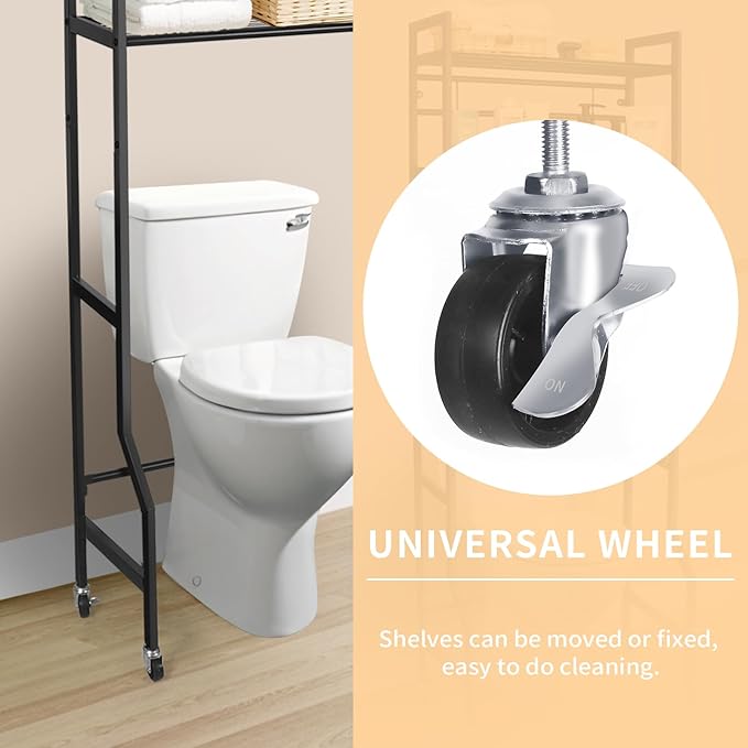 IIQ 3-Tier Metal Bathroom Organizer Shelf, Over The Toilet Storage,Freestanding Above Toilet Rack with Universal Wheels Toilet Paper 2 Holder Hooks,Simple Morden
