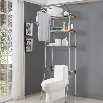 BAOYOUNI 3-Tier Over The Laundry Shelf Above Toilet Washing Machine Dryer Storage Utility Rack Clothes Hanger Rod Standing Bathroom Organization Space Saving Shelving Units, Grey