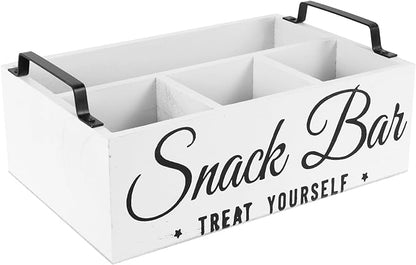 Snack Organizer for Countertop, Wood Pantry Storage Bins with Handles, Snack Bar Organizer for Pantry Shelf, 4 Compartment Food Container Box, Kitchen Storage Organizer for Nut,Chips,Beverage (White)