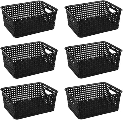 Black Plastic Woven Storage Baskets, 6-Pack Weave Basket Organizer for Kitchen Office Bathroom