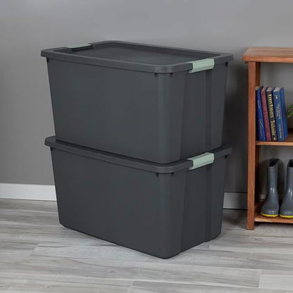 Sterilite 16 Pack 34 Gallon Latch Tote, Stackable Plastic Storage, Gray/Green