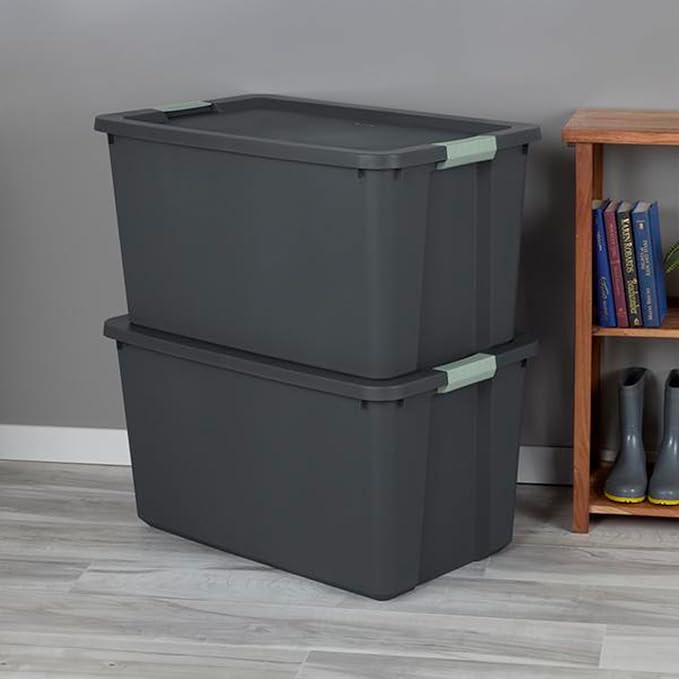 Sterilite 4 Pack 34 Gallon Latch Tote, Stackable Plastic Storage Bin Container, Gray/Green