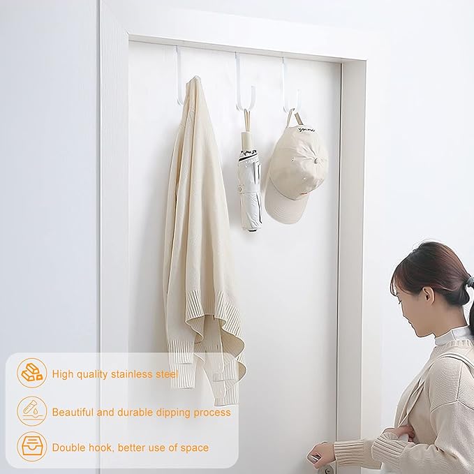 Manesi Double Sided Over The Door Hooks for Clothes. Over The Door Hanger Hook Set of Four. Towel Hanger for Bathroom, Wreath Hook, Coat Rack Hat Organizer or Plant Hooks for Ceiling 4 Pack