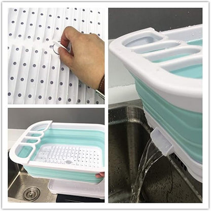SAMMART Collapsible Dish Drainer with Drainer Board - Foldable Drying Rack Set - Portable Dinnerware Organizer - Space Saving Kitchen Storage Tray (1, White/Lake Green)