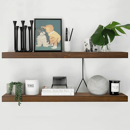 Homeforia Classic Walnut 60 inch Floating Shelf, High End Solid Real Wood Small 60inch Floating Shelves for Wall Mounted, 60in Floating Shelves, Heavy Duty Bracket, 60 X 6.5 X 1.75 inches, Set of 3