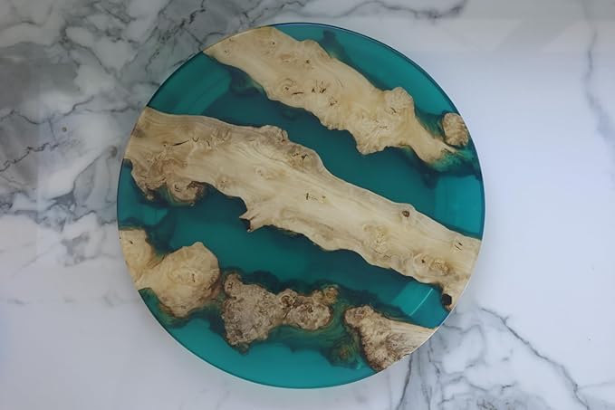 Handmade 16" Wood and Epoxy Resin Lazy Susan, Turntable for Kitchen Countertop, Rotating Display Stand, Round Wooden Platter, Organizer and Storage for Dining Table (Clear green Light wood)