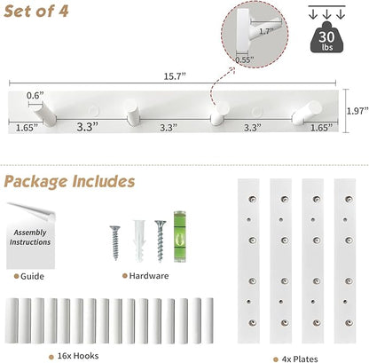 Forbena White Coat Hooks Wall Mount for Hanging 4 Pack, 16 Inch Wood Entryway Coat Rack Wall Mounted Heavy Duty, Modern Large Wall Hooks for Hats Kids Clothes Bags Purses Caps Closet - 16 Hooks