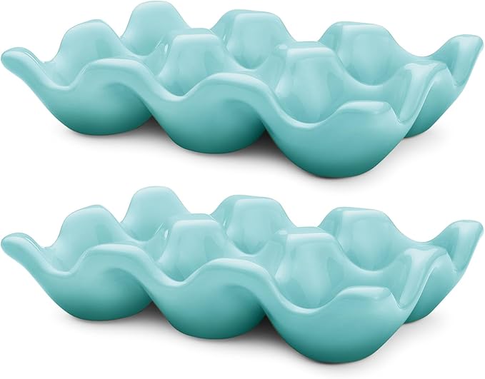 Flexzion Porcelain Egg Crate - 6-Egg Capacity Ceramic Egg Tray, Half Dozen Egg Holder for Fridge, Countertop Display - Blue Decorative Serving Dish and Storage Organizer, 2 Pack