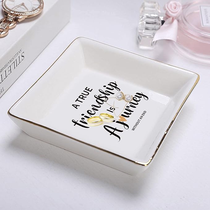 Friendship Gift Best Friend Birthday Gifts for Women Friends Trinket Dish Ceramic Jewelry Tray Decorative Rings Unique Forever,A True Friendship is a Journey Without an end