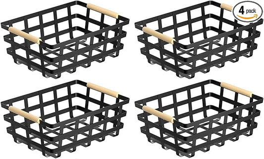 Large Metal Farmhouse Baskets,4 Packs Pantry Storage Baskets,Matte Black Food Organizer Storage Bin Basket with Wood Handles for Kitchen Cabinets Shelf Pantry