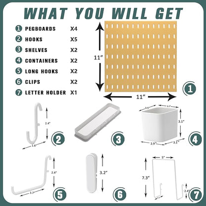 Pegboard Combination Kit, Wall Mounted Storage Set with 4 Pegboards & 14 Accessories Hanging, Yellow Peg Boards Organizer for Walls Display, Crafts Organization, Kitchen Organizer, 22" x 22"