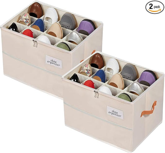 Shoe Organizer for Closet, Foldable Shoe Box Storage Containers with Clear Cover, Smooth Zipper, Reinforced Handles and Bottom Support, Space Saving Shoes Holder, Beige (2, Small)
