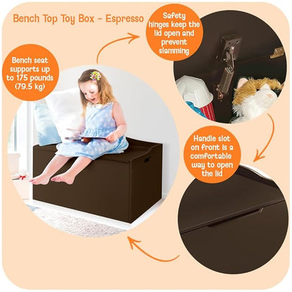 Badger Basket Bench-Top Wooden Toy Box - Kids Storage Chest and Bench Combo with Dual Safety Hinges, Side Handles, Front Slot - Organizer for Toys and Essentials - Espresso