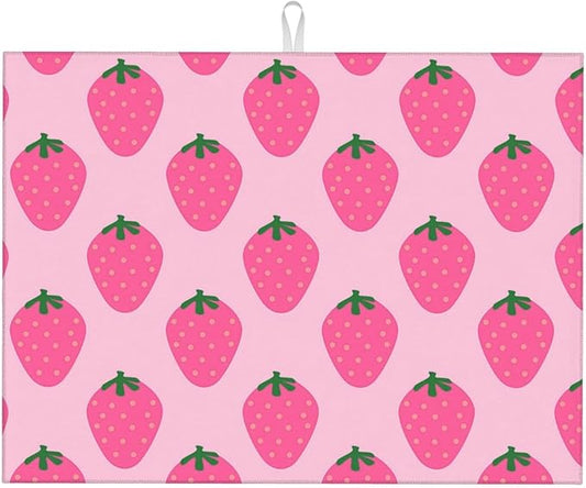 Absorbent Dish Drying Mat For Kitchen Counter, Strawberry Pink Fruit Microfiber Dish Drying Pad, Kitchen Gadgets For Easy Clean Multi-Use