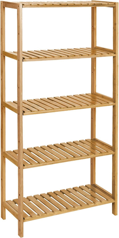 SONGMICS Bamboo Storage Shelf, 5-Tier Shelving Unit, Multifunctional, in The Entryway, Bathroom, Living Room, Balcony, Kitchen, 10.2 x 23.6 x 51.2 Inches, Light Bamboo UBCB35Y