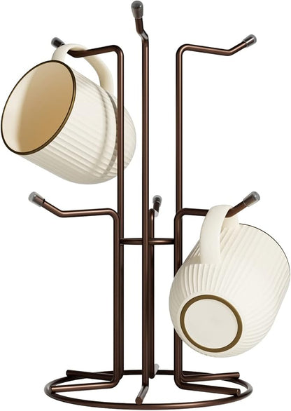 HULISEN Mug Holder for Large Cups, Mug Tree for Counter with 6 Hooks, Metal Coffee Mug Stand for Easy Pick, Place and Display, Coffee Bar Accessories and Decor, Free Standing Mug Rack, Brown