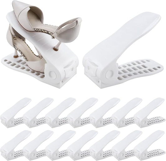 HOMOKUS Shoe Slots Organizer,16 Pack Adjustable Shoe Stackers,Double Layer Shoe Rack Holder,Four Position Flexible Adujstable Shoe Storage Slot for Closet Organization,Entryway (White)