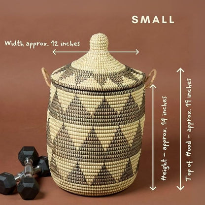 Small Storage Basket, Organizing, Storage, Wicker, Woven, With Lid, Handles, 12" Wide, 14" Tall (Black Beige)