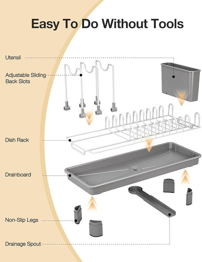Nfnoyp Dish Rack, Carbon Steel Small Dish Drying Rack Rustproof for Kitchen Counter, Compact Space-Saving Dish Drainer with Adjustable Slots for Small Kitchens & Apartments, 16.5×6.5×7inch, Grey