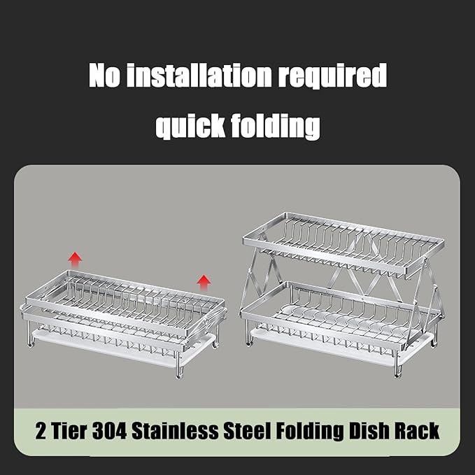Fenqynsol Dish Drying Rack, 304 Stainless Steel Foldable 2 Tier with Hanging Rack for Kitchen Counter, Dish Rack for Dishes, Utensils, Knives and Cutting Board