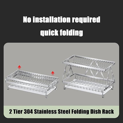 Fenqynsol Dish Drying Rack, 304 Stainless Steel Foldable 2 Tier with Hanging Rack for Kitchen Counter, Dish Rack for Dishes, Utensils, Knives and Cutting Board