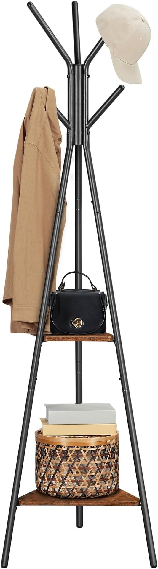 VASAGLE Coat Rack Freestanding, Coat Hanger Stand, Hall Tree with 2 Shelves, for Clothes, Hat, Bag, Industrial Style, Rustic Brown and Black URCR16BX