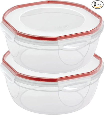 Sterilite Ultra-Seal 8.1 Qt Bowl, Large Airtight Food Storage Container, Latching Lid, Microwave and Dishwasher Safe, Clear With Red Gasket, 2-Pack