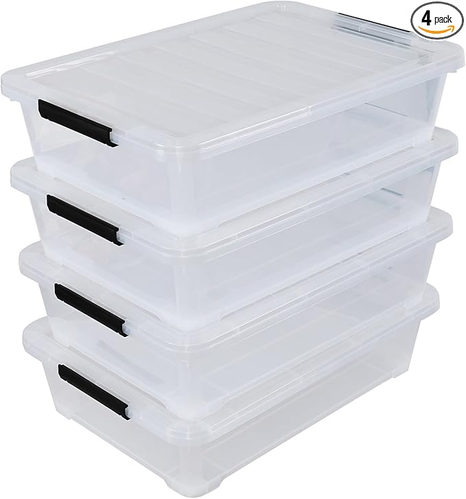 Feicanhao 42 L 4 Packs Plastic Under Bed Storage Container with Lids, Clear Underbed Storage Bin with Wheels
