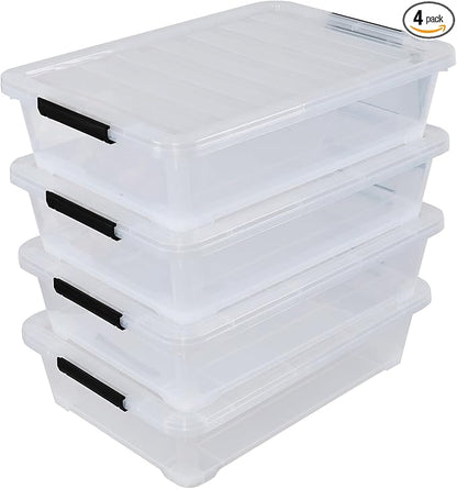 Feicanhao 42 L 4 Packs Plastic Under Bed Storage Container with Lids, Clear Underbed Storage Bin with Wheels