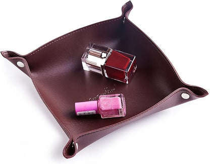 SANQIANWAN Leather Jewelry Valet Tray for Women and Man, Portable Entryway Table Tray Bedside Nightstand Desk Tray Small Catchall Travel Dish Plate for Key,Wallet,Watch,Coin(8x8, Deep Brown-B)