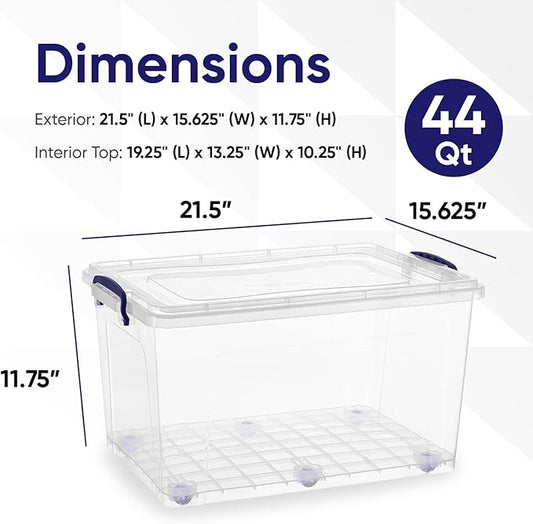 Superio Storage Bins with Lids- Clear Boxes for Organizing, Stackable Plastic Containers- BPA Free, Non-Toxic, Odor Free, Organizer for Home, Office, Dorm (6 Pack, 44 Qt (Wheeled))
